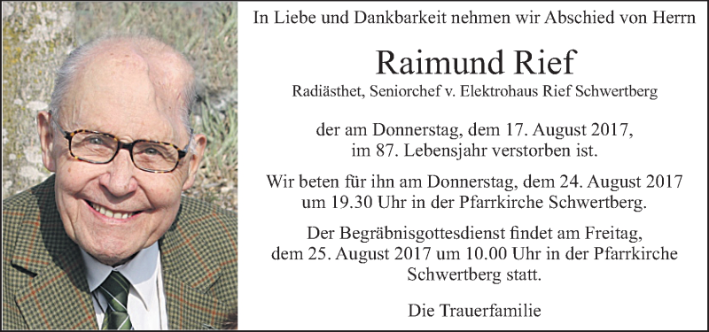  Traueranzeige für Raimund Rief vom 22.08.2017 aus OÖNachrichten