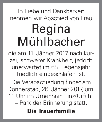 Traueranzeige von Regina Mühlbacher von OÖNachrichten