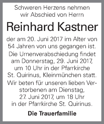 Traueranzeige von Reinhard Kastner von OÖNachrichten