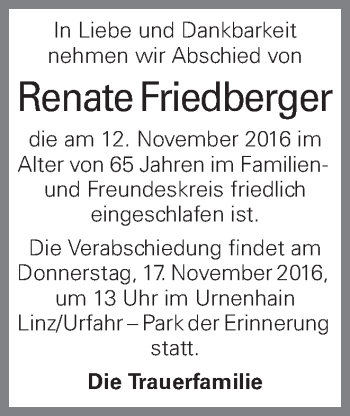 Traueranzeige von Renate Friedberger von OÖNachrichten