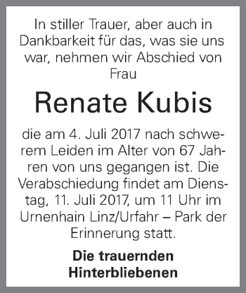 Traueranzeige von Renate Kubis von OÖNachrichten