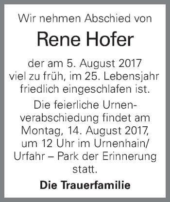 Traueranzeige von Rene Hofer von OÖNachrichten