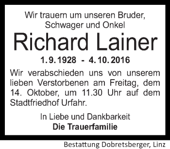 Traueranzeige von Richard Lainer von OÖNachrichten