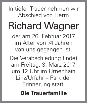 Traueranzeige von Richard Wagner von OÖNachrichten