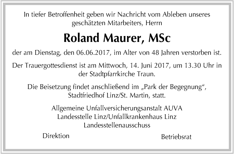  Traueranzeige für Roland Maurer vom 13.06.2017 aus OÖNachrichten