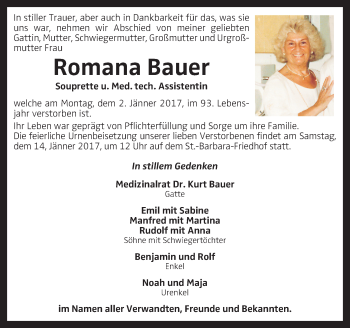 Traueranzeige von Romana Bauer von OÖNachrichten
