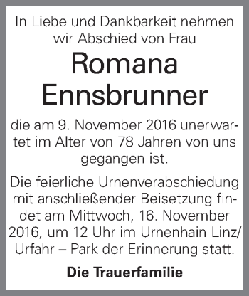 Traueranzeige von Romana Ennsbrunner von OÖNachrichten