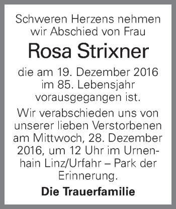 Traueranzeige von Rosa Strixner von OÖNachrichten