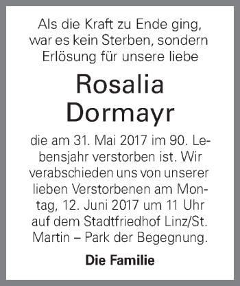 Traueranzeige von Rosalia Dormayr von OÖNachrichten
