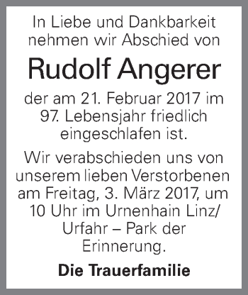 Traueranzeige von Rudolf Angerer von OÖNachrichten