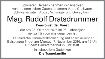 Traueranzeige von Rudolf Dratsdrummer von OÖNachrichten