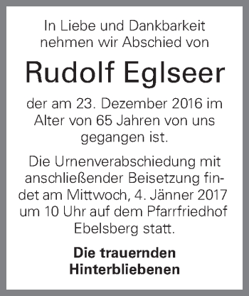 Traueranzeige von Rudolf Eglseer von OÖNachrichten