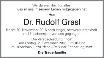 Traueranzeige von Rudolf Grasl von OÖNachrichten