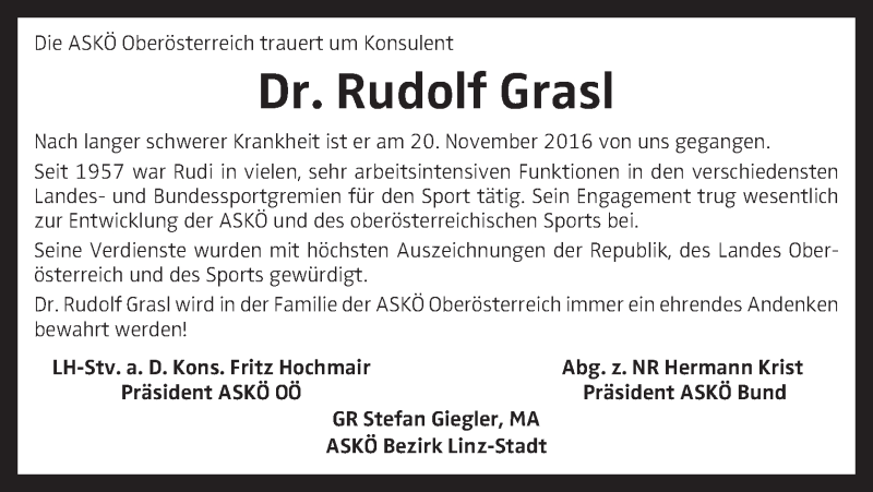  Traueranzeige für Rudolf Grasl vom 30.11.2016 aus OÖNachrichten