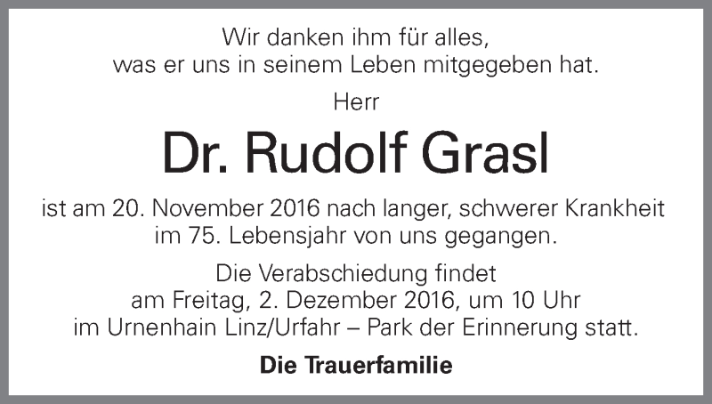  Traueranzeige für Rudolf Grasl vom 29.11.2016 aus OÖNachrichten