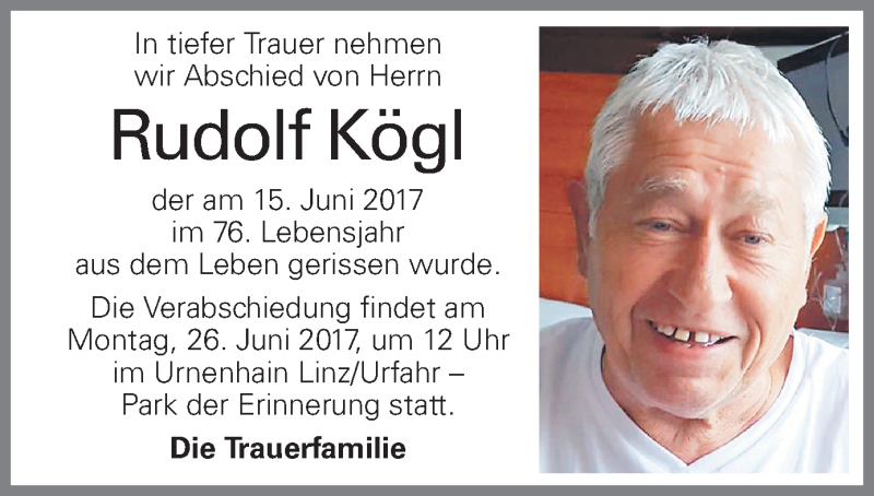  Traueranzeige für Rudolf Kögl vom 22.06.2017 aus OÖNachrichten