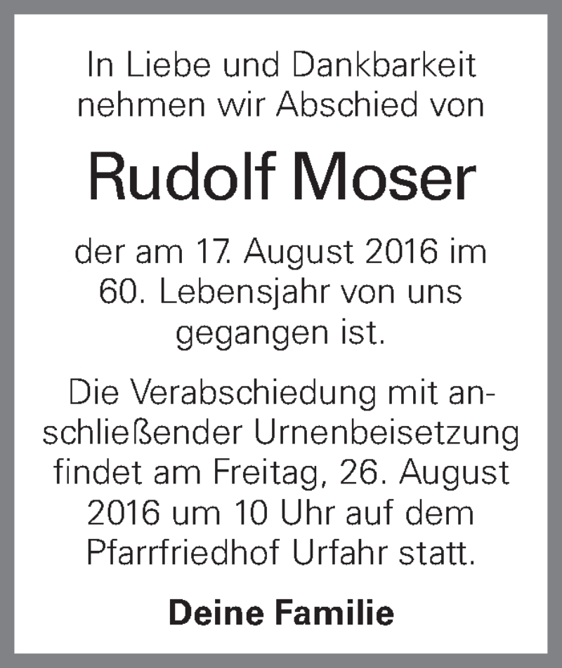  Traueranzeige für Rudolf Moser vom 24.08.2016 aus OÖNachrichten