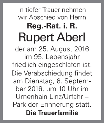 Traueranzeige von Rupert Aberl von OÖNachrichten