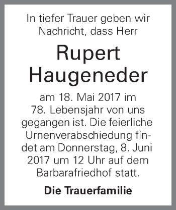 Traueranzeige von Rupert Haugeneder von OÖNachrichten