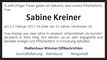 Traueranzeige von Sabine Kreiner von OÖNachrichten