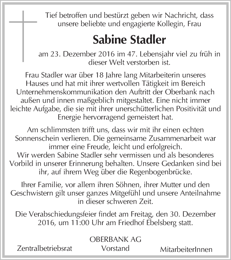  Traueranzeige für Sabine Stadler vom 29.12.2016 aus OÖNachrichten
