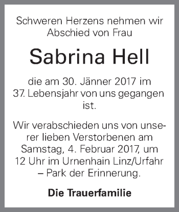 Traueranzeige von Sabrina Hell von OÖNachrichten