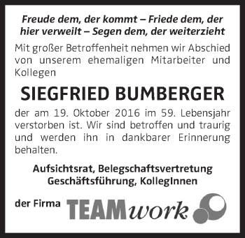 Traueranzeige von Siegfried Bumberger von OÖNachrichten