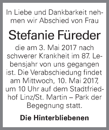 Traueranzeige von Stefanie Füreder von OÖNachrichten