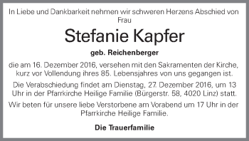 Traueranzeige von Stefanie Kapfer von OÖNachrichten