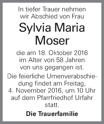 Traueranzeige von Sylvia Maria Moser von OÖNachrichten