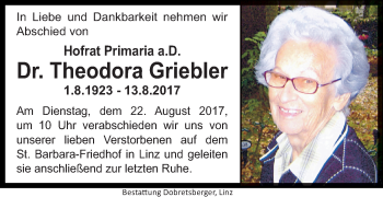 Traueranzeige von Theodora Griebler von OÖNachrichten