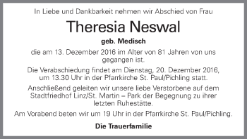 Traueranzeige von Theresia Neswal von OÖNachrichten