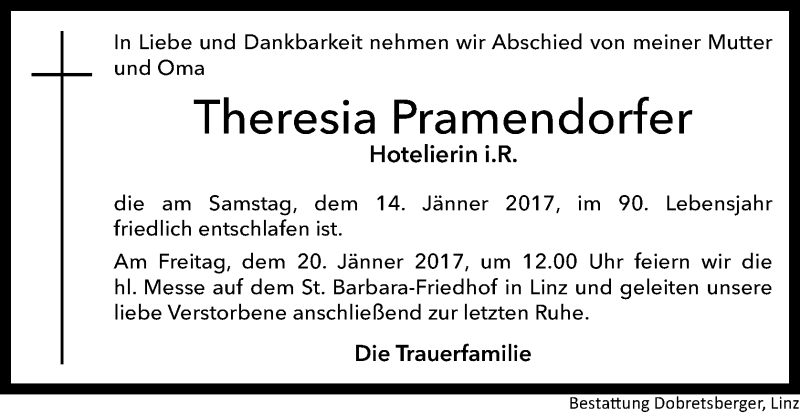  Traueranzeige für Theresia Pramendorfer vom 17.01.2017 aus OÖNachrichten