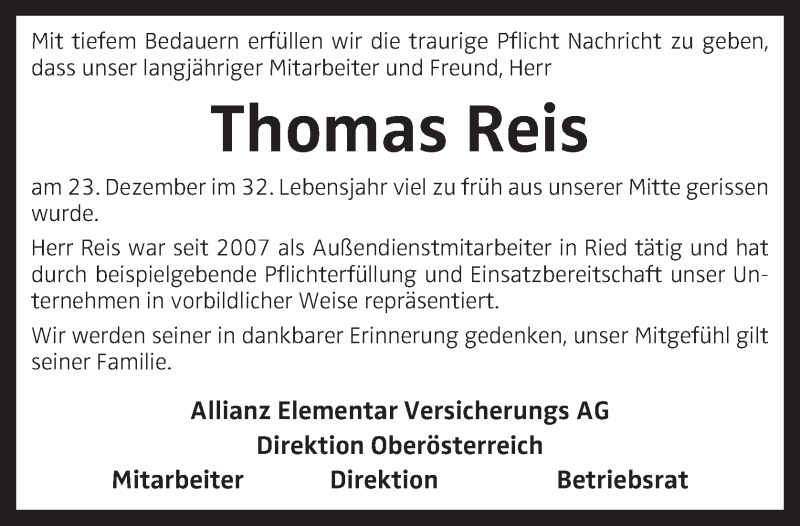  Traueranzeige für Thomas Reis vom 29.12.2016 aus OÖNachrichten
