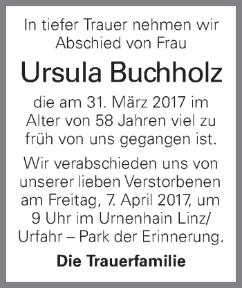 Traueranzeige von Ursula Buchholz von OÖNachrichten