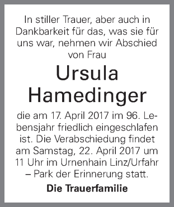 Traueranzeige von Ursula Hamedinger von OÖNachrichten