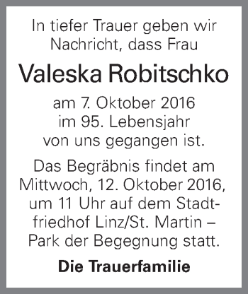 Traueranzeige von Valeska Robitschko von OÖNachrichten