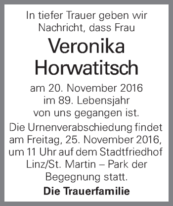 Traueranzeige von Veronika Horwatitsch von OÖNachrichten