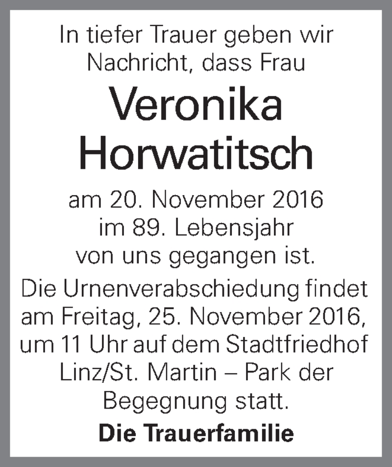  Traueranzeige für Veronika Horwatitsch vom 23.11.2016 aus OÖNachrichten