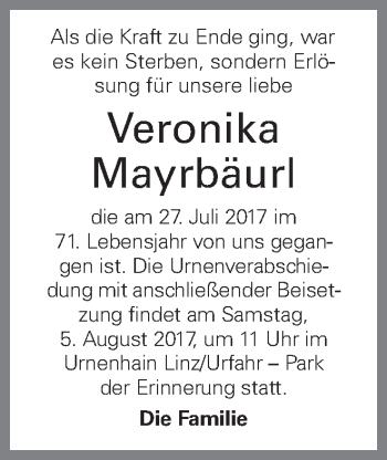 Traueranzeige von Veronika Mayrbäurl von OÖNachrichten
