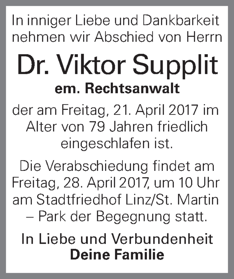  Traueranzeige für Viktor Supplit vom 26.04.2017 aus OÖNachrichten