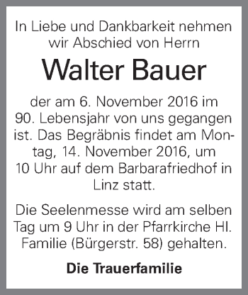 Traueranzeige von Walter Bauer von OÖNachrichten