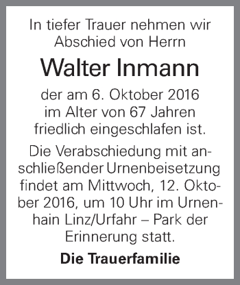 Traueranzeige von Walter Inmann von OÖNachrichten