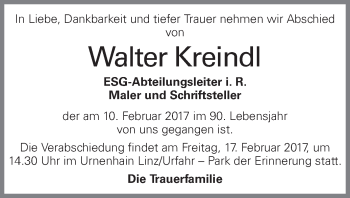 Traueranzeige von Walter Kreindl von OÖNachrichten