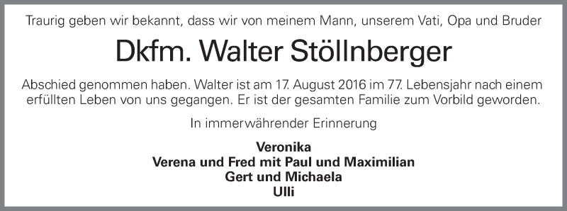  Traueranzeige für Walter Stöllnberger vom 27.08.2016 aus OÖNachrichten