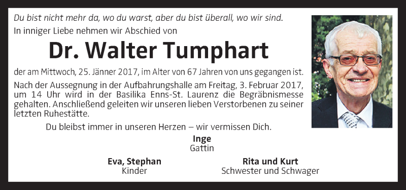  Traueranzeige für Walter Tumphart vom 28.01.2017 aus OÖNachrichten