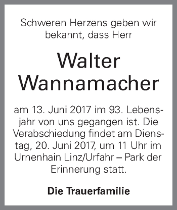 Traueranzeige von Walter Wannamacher von OÖNachrichten