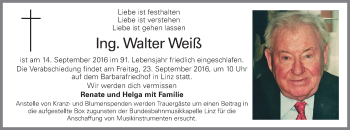 Traueranzeige von Walter Weiß von OÖNachrichten