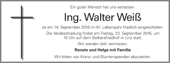 Traueranzeige von Walter Weiß von OÖNachrichten