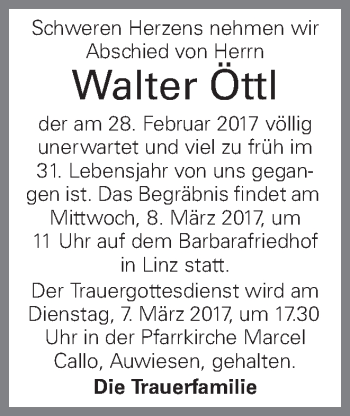 Traueranzeige von Walter Öttl von OÖNachrichten